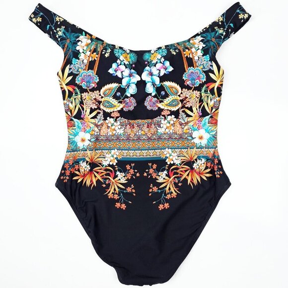 Kenneth Cole Off Shoulder Floral Tropical Stripe One Piece Swim Suit NEW - L - Picture 2 of 11